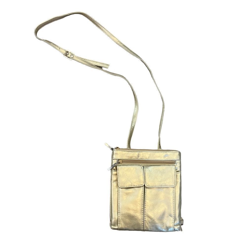 Metallic Gold Multi Pocket Zip Close Adjustable Strap Cross Body Purse Bag